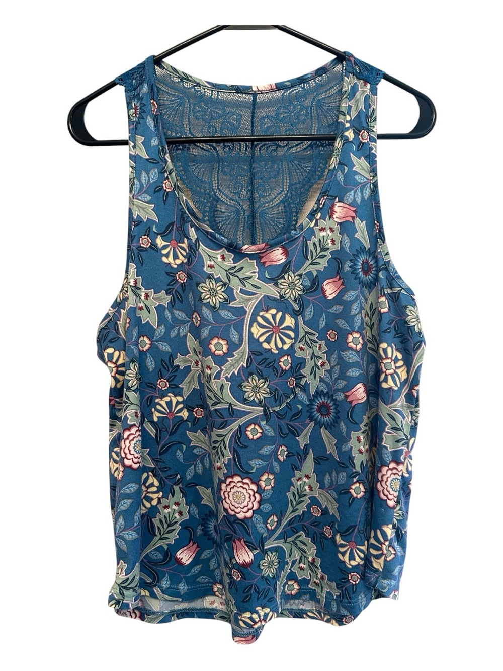 Vintage Y2K Flora Blue Floral Scoop Neck Lace Back Tank Top Size Small